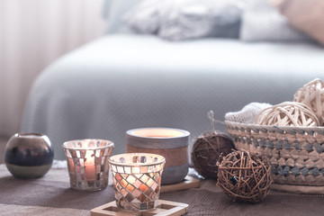 still life home cozy interior decor with candles . Living room decoration.