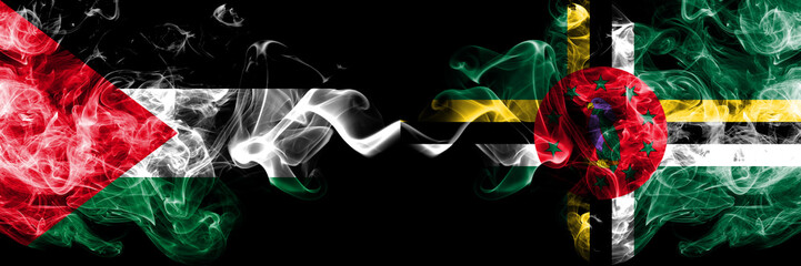 Palestine vs Dominica smoky mystic flags placed side by side. Thick colored silky smokes flag of...