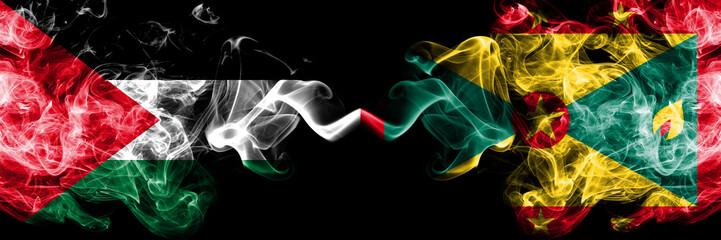 Palestine vs Grenada smoky mystic flags placed side by side. Thick colored silky smokes flag of Palestinians and Grenada