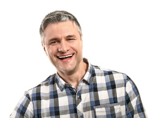 Portrait of handsome mature man on white background