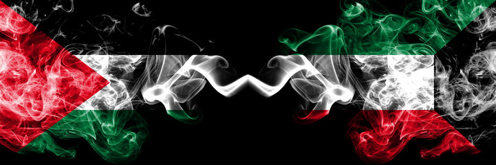 Palestine vs Kuwait, Kuwaiti smoky mystic flags placed side by side. Thick colored silky smokes flag of Palestinians and Kuwait, Kuwaiti