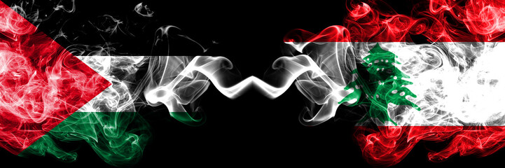 Palestine vs Lebanon, Lebanese smoky mystic flags placed side by side. Thick colored silky smokes flag of Palestinians and Lebanon, Lebanese