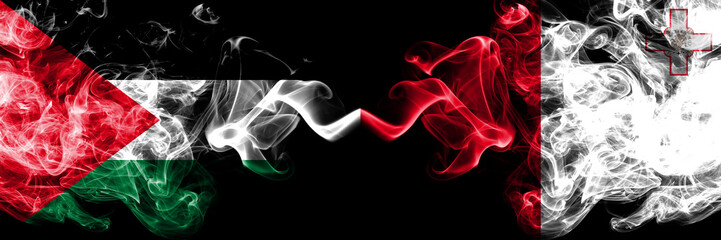 Palestine vs Malta, Maltese smoky mystic flags placed side by side. Thick colored silky smokes flag...