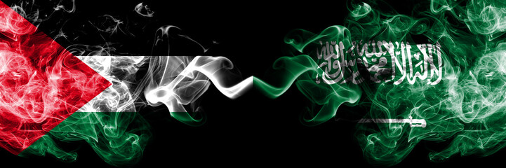 Palestine vs Saudi Arabia, Arabian smoky mystic flags placed side by side. Thick colored silky...