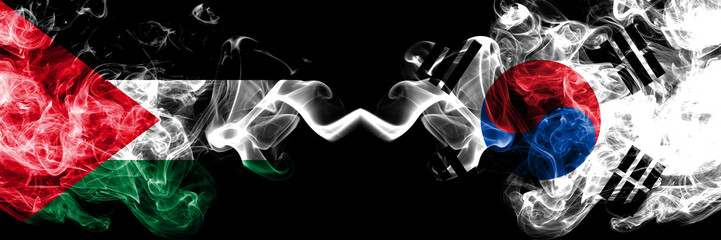 Palestine vs South Korea, Korean smoky mystic flags placed side by side. Thick colored silky smokes...