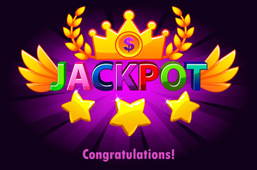 Jackpot with shooting stars on violet background. Casino jackpot winner awards with colored text and wings. Vector objects on separate layers.