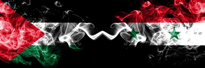 Palestine vs Syria, Syrian smoky mystic flags placed side by side. Thick colored silky smokes flag of Palestinians and Syria, Syrian