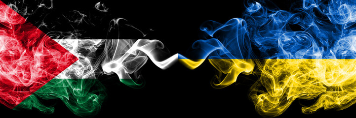 Palestine vs Ukraine, Ukrainian smoky mystic flags placed side by side. Thick colored silky smokes flag of Palestinians and Ukraine, Ukrainian