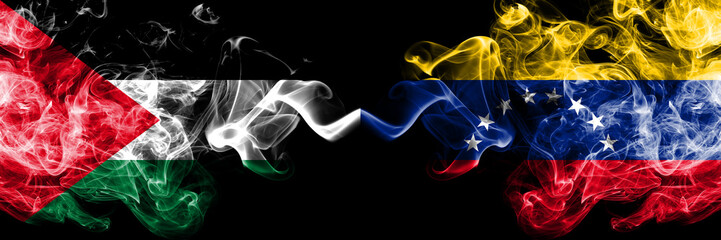 Palestine vs Venezuela, Venezuelan smoky mystic flags placed side by side. Thick colored silky smokes flag of Palestinians and Venezuela, Venezuelan
