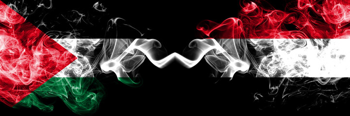 Palestine vs Yemen, Yemeni smoky mystic flags placed side by side. Thick colored silky smokes flag...