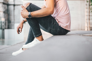 Young Man Wearing Analog Watch in the Urban environment