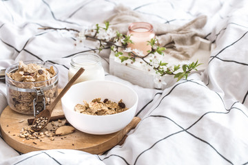 still life with a beautiful healthy Breakfast in bed
