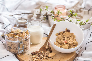 still life with a beautiful healthy Breakfast in bed