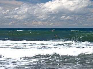 The peninsula of Crimea and Black sea. Emerald and pearl color of Black sea waves. The wild coast...