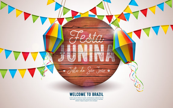 Festa Junina Illustration with Party Flags and Paper Lantern on Yellow Background. Vector Brazil June Festival Design Typography Letter on Vintage Wood Board for Greeting Card, Invitation or Holiday