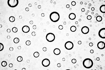 white isolated background water drops on the glass / wet window glass with splashes and drops of water and lime, texture autumn background