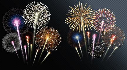 Two groups of isolated fireworks. Vector illustration. - obrazy, fototapety, plakaty