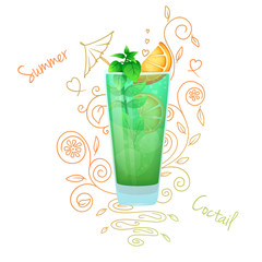 Realistic cocktail on a white background with a doodle, pattern. Vector
