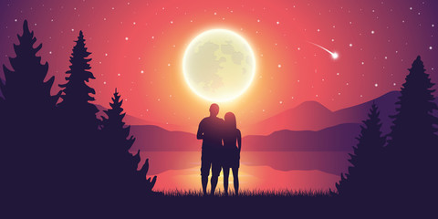 couple in love by the lake romantic full moon and starry sky vector illustration EPS10