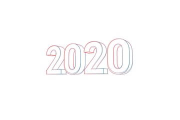 Year 2020 - 3D Text - Words with colored lines tilde and orange on white