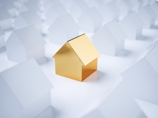 Golden house in group with white houses