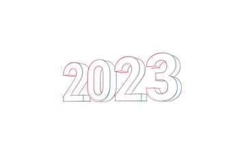 Year 2023 - 3D Text - Words with colored lines tilde and orange on white