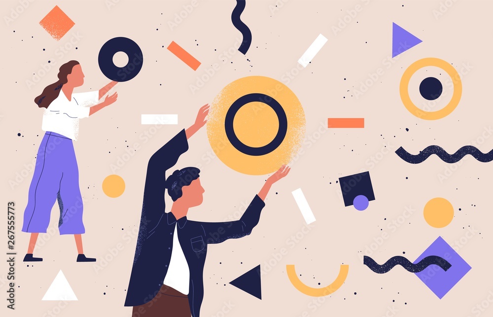 Poster pair of people collecting and organizing abstract geometric shapes scattered around them. man and wo