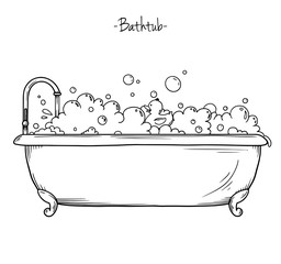 Sketch bath foam and rubber duck. Vector illustration