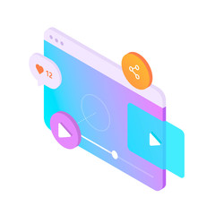 Obraz premium Web page with video player, play buttons, share icons and bubble with likes counter. Concept of video streaming. Vector illustration of user interface.