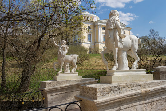 the bridge with centaurs and the Pavlovsk Palace in clear spring day