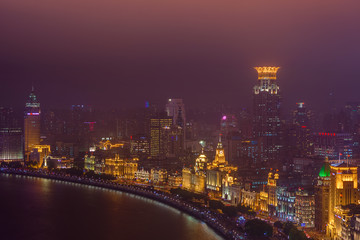 Shanghai, China - May 21, 2018: A night view of the colonial embankment skyline in Shanghai, China