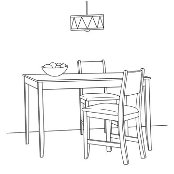 Part of the dining room. Table and chairs. Hand drawn sketch. Vector