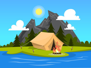 Summer camp. Tent with a campfire at the river