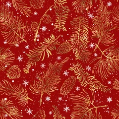 Behang Naadloos patroon met gouden takken. Kerstmis en Nieuwjaar rode achtergrond. © elinka_art