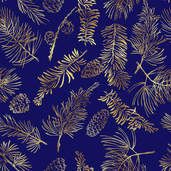 Seamless pattern with golden branches. Christmas and New Year blue background.