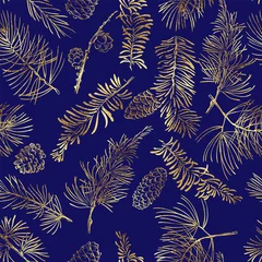 Foto op Plexiglas Blauw goud Naadloos patroon met gouden takken. Kerstmis en Nieuwjaar blauwe achtergrond.