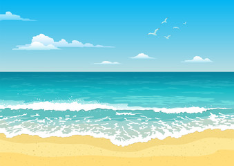 Seascape with waves, cloudy sky and seagulls. Tourism and travelling. Vector flat design