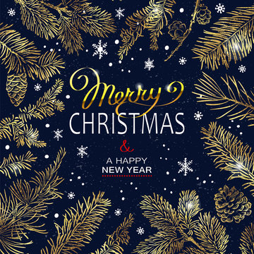 Christmas Poster - Illustration. Vector illustration of Christmas Background with golden branches of christmas tree.