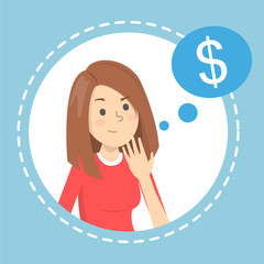 Obraz premium Woman think about money. Dollar sign in the speech bubble