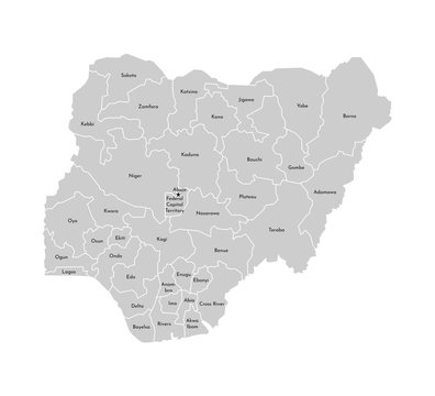 Vector isolated illustration of simplified administrative map of Nigeria. Borders and names of the provinces (regions). Grey silhouettes. White outline