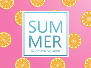 Summer background concept with orange sliced on pink pastel background in paper cut style.
