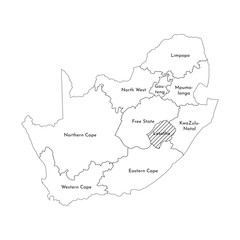 Vector isolated illustration of simplified administrative map of South Africa. Borders and names of the regions. Black line silhouettes