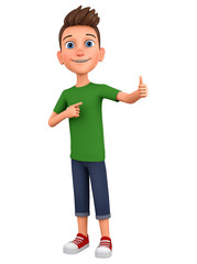 Cartoon character guy points thumb up. 3d render illustration. Illustration for advertising.