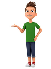 Cartoon character guy hand on empty space. 3d render illustration. Illustration for advertising.