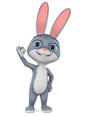Cartoon character gray rabbit shows okay. 3d render illustration. Illustration for advertising.