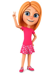 Character cartoon girl showing the peace of the world. 3d render illustration.
