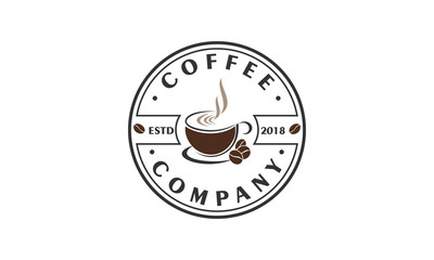 Coffee company logo with cup and coffee beans in the middle