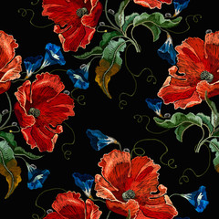Beautiful red poppies and blue flowers, embroidery seamless pattern. Fashion art nouveau template for clothes, t-shirt design. Renaissance spring style