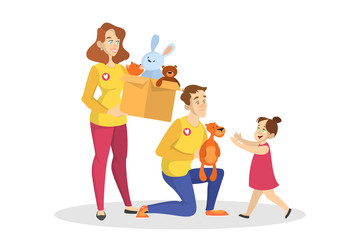 Volunteer holding box with toys for children. Idea of charity