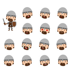 Collection of facial expressions with different emotions of medieval warrior in cartoon style isolated on white background